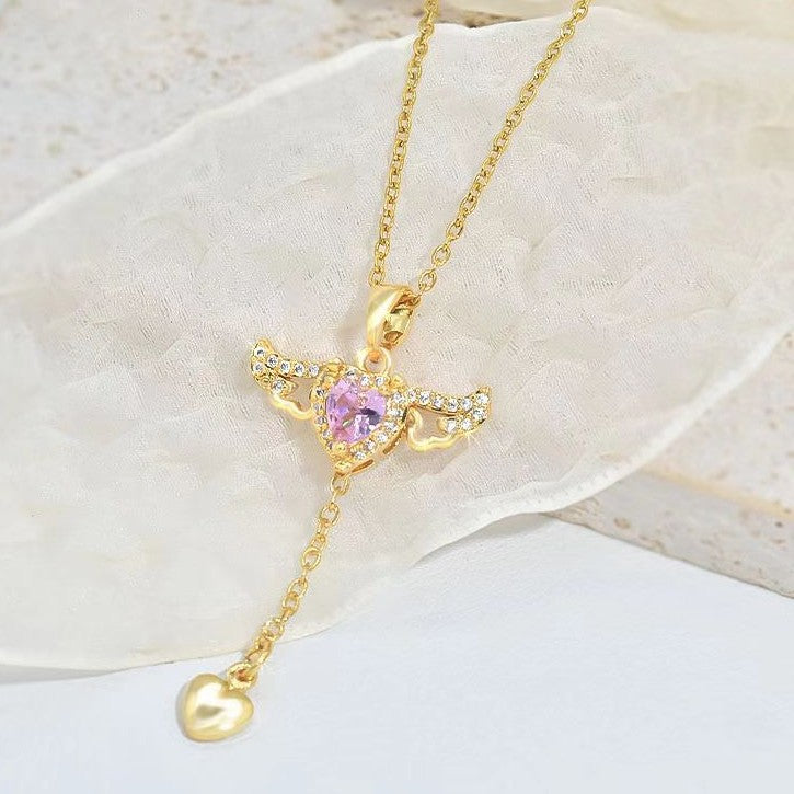 Moving Cupid Heart Angel Wings Necklace
